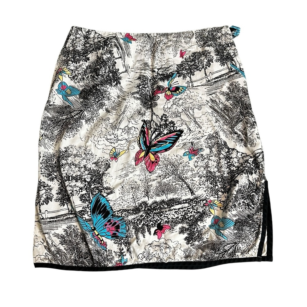 90s black and white butterfly skirt, pops of pink and blue, size 4